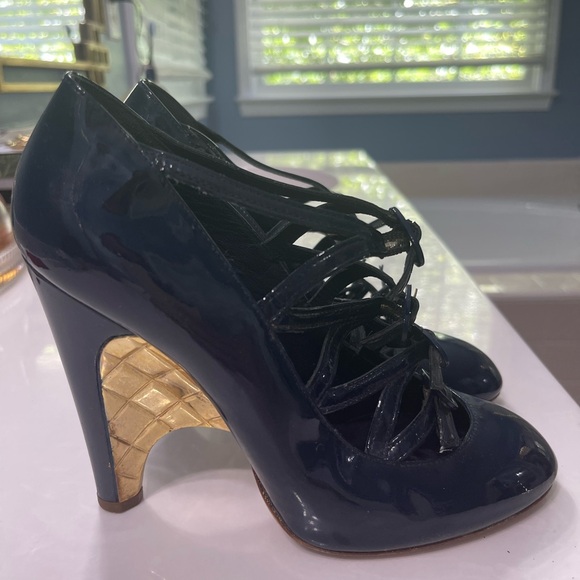 Chanel Navy Blue Patent Leather Quilted Gold Mary Jane Wedge Strap HeelsSize 36 - Picture 1 of 16